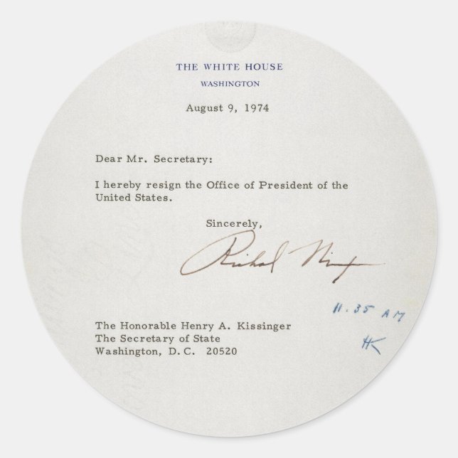 Letter of Resignation of Richard M. Nixon 1974 Classic Round Sticker (Front)