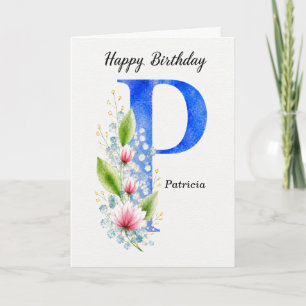 Letter P Birthday Custom Name Her Blue Monogram Card