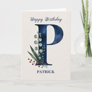 Letter P Birthday for Him Personalized Name Blue Card
