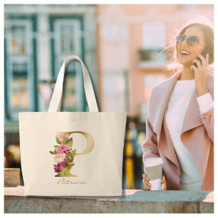 Letter P Elegant Floral Gold Monogram Large Tote Bag