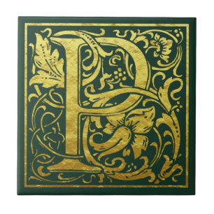 Letter P First Letter Faux Gold Celtic Green Tile