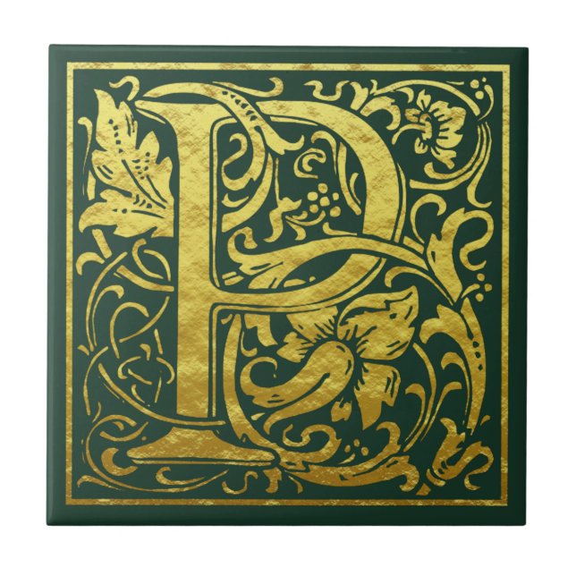 Letter P First Letter Faux Gold Celtic Green Tile (Front)