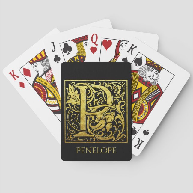 Letter P First Letter Gold on Black Playing Cards (Back)
