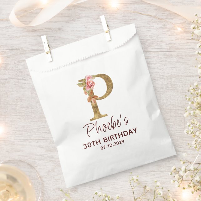 Letter P Gold Monogram Blush Pink Roses Favour Bag (Clipped)