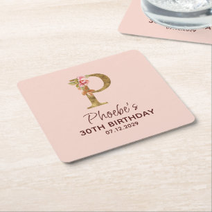 Letter P Gold Monogram Blush Pink Roses Square Paper Coaster