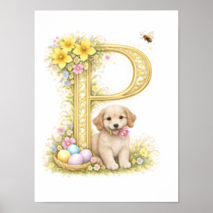 Letter P Gold Spring Nature Monogram Kids Puppy  Poster