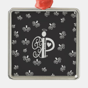 Letter P Initial Monogram with Angels Metal Ornament