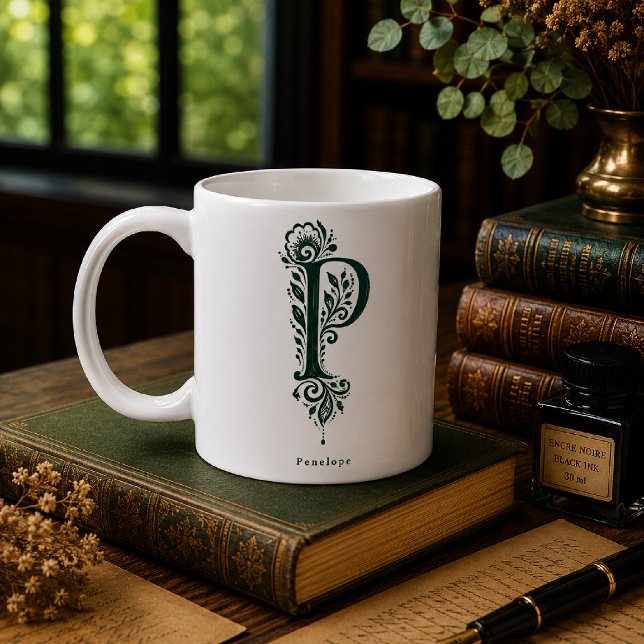 Letter P Linocut Botanical Personalized Mug (Creator Uploaded)