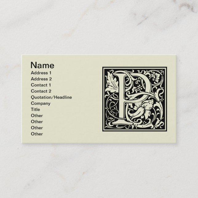 Letter P Medieval Monogram Art Nouveau Business Card (Front)