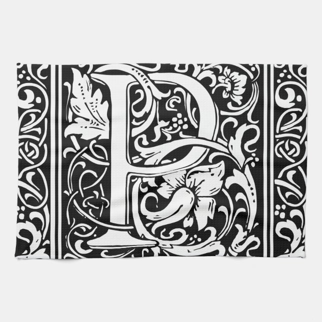 Letter P Medieval Monogram Art Nouveau Kitchen Towel (Horizontal)