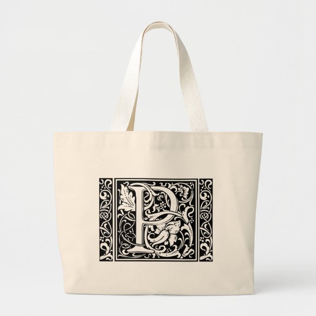 Letter P Medieval Monogram Art Nouveau Large Tote Bag (Front)
