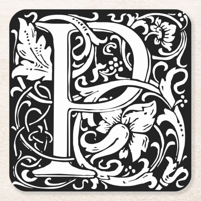 Letter P Medieval Monogram Art Nouveau Square Paper Coaster (Front)