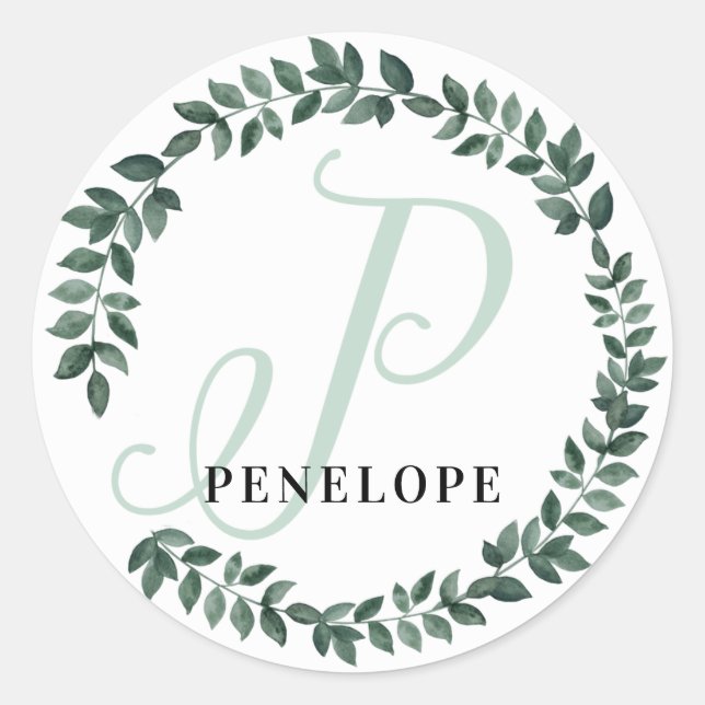 Letter P Monogram Custom Name Minimalist Botanical Classic Round Sticker (Front)