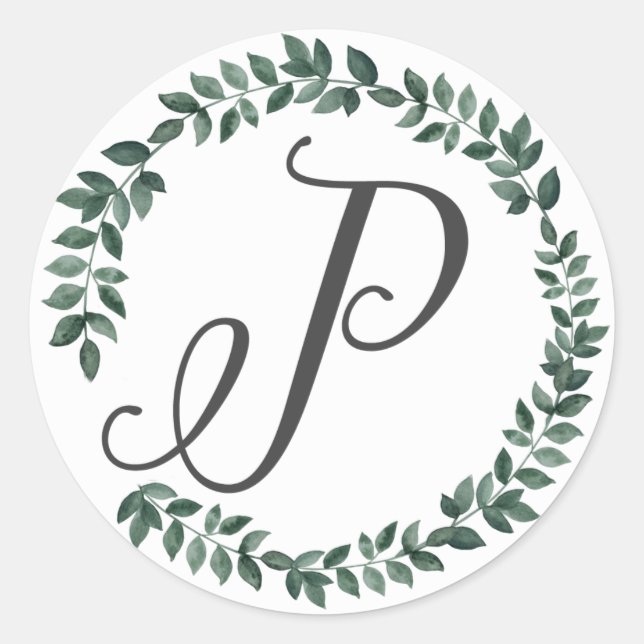 Letter P Monogram Minimalist Botanical Leaf Wreath Classic Round Sticker (Front)