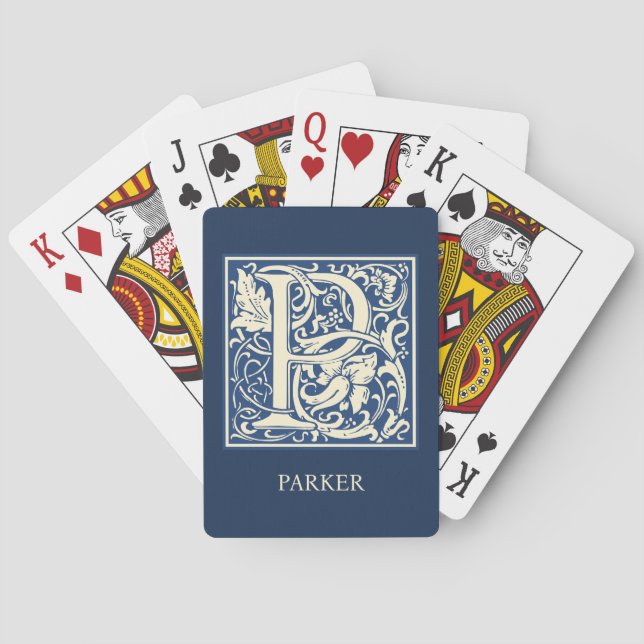 Letter P Monogram Name Blue William Morris Playing Cards (Back)