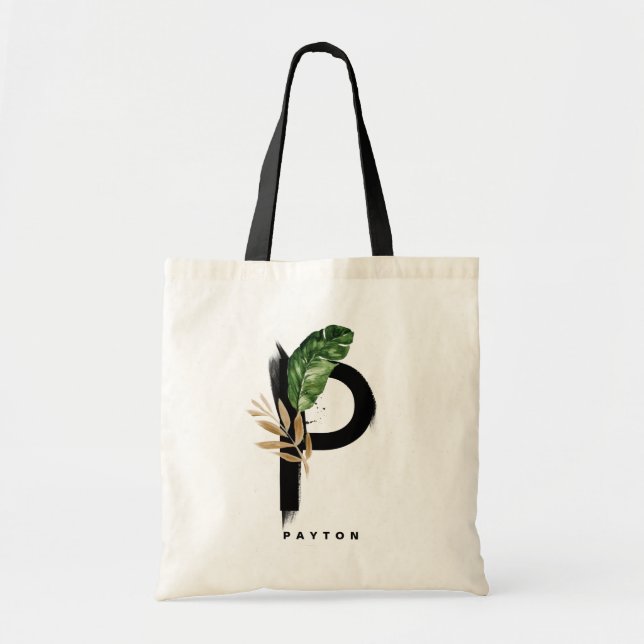 Letter P Monogram Palm Leaves Tropical Bridesmaid Tote Bag (Front)