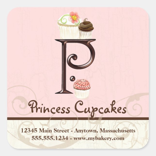 Letter P Monogram Watercolor Cupcake Logo Box Square Sticker (Front)