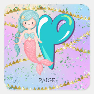 Letter P Monogram Watercolor Cute Mermaid Nursery Square Sticker