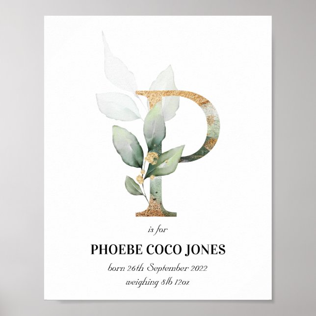 Letter P New Baby Monogram Birth Print Greenery (Front)