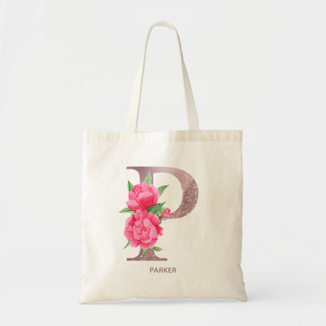 Letter P Personalized Floral Monogram Tote Bag (Front)