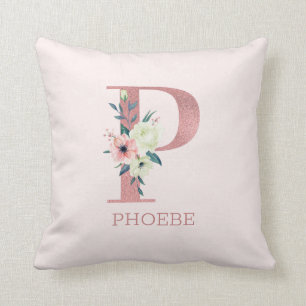 Letter P Pink Watercolor Floral Monogram Nursery Throw Pillow
