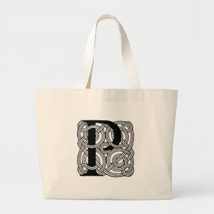 Letter P Vintage Celtic Knot Monogram Large Tote Bag