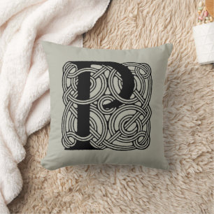 Letter P Vintage Celtic Knot Monogram Throw Pillow