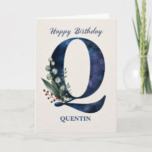 Letter Q Birthday for Him Personalized Name Blue Card