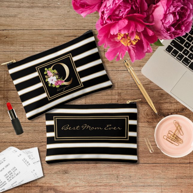 Letter Q Floral Monogram Black White Gold Stripes Accessory Pouch (Creator Uploaded)