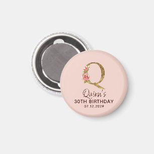 Letter Q Gold Monogram Blush Pink Roses Magnet