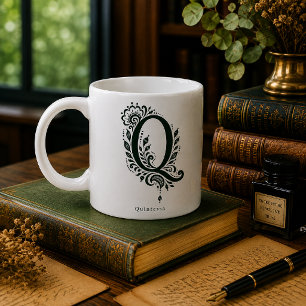 Letter Q Linocut Botanical Personalized Mug