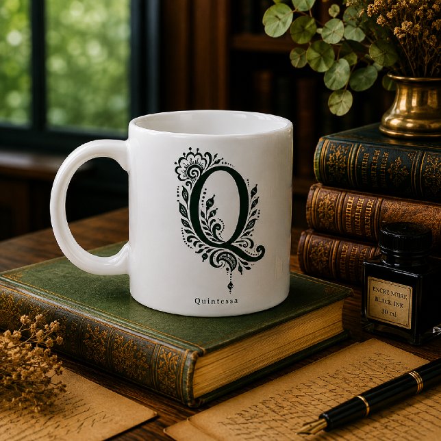 Letter Q Linocut Botanical Personalized Mug (Creator Uploaded)