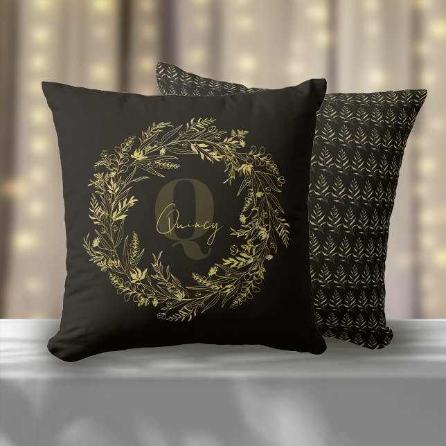 Letter Q Quiet Botanical Gold Monogram Throw Pillow (Creator Uploaded)