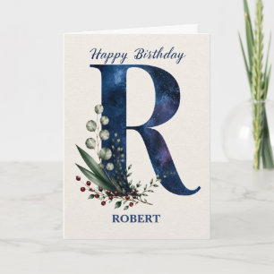 Letter R Birthday for Him Personalized Name Blue Card
