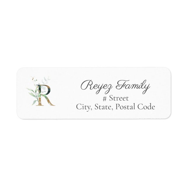 Letter R Botanical Monogram Elegant Address Label (Front)