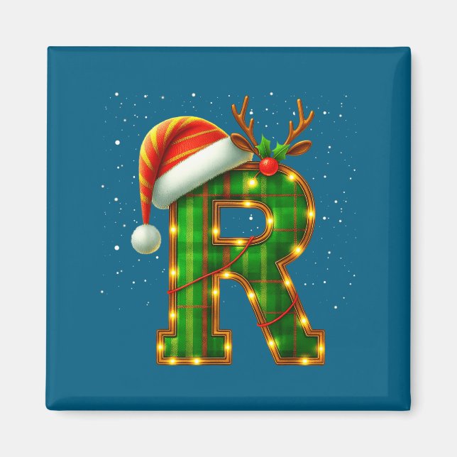 Letter R Christmas Plaid Santa Hat Monogram Initia Magnet (Front)