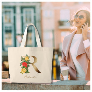 Letter R Elegant Floral Gold Monogram Large Tote Bag