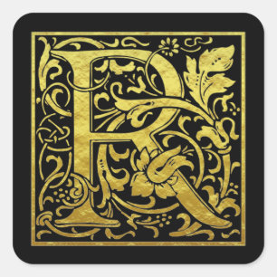 Letter R First Letter Faux Gold Black Square Sticker