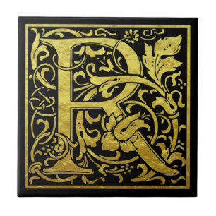 Letter R First Letter Faux Gold Black Tile