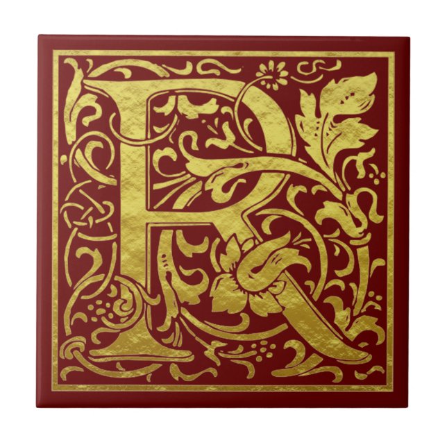 Letter R First Letter Faux Gold Red Tile (Front)