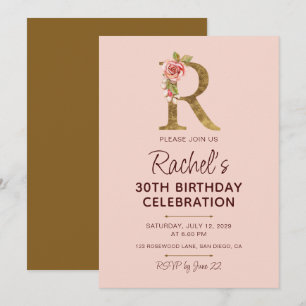 Letter R Gold Monogram Blush Pink Roses Invitation