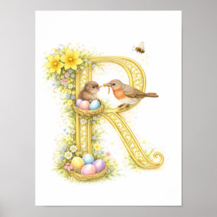 Letter R Gold Spring Nature Monogram Robins Kids  Poster