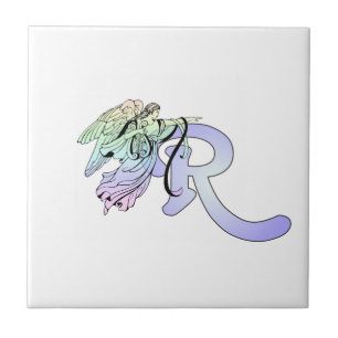 Letter R Initial Monogram Guardian Angel Blue Past Tile