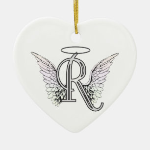 Letter R Initial Monogram with Angel Wings & Halo Ceramic Ornament