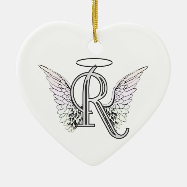 Letter R Initial Monogram with Angel Wings & Halo Ceramic