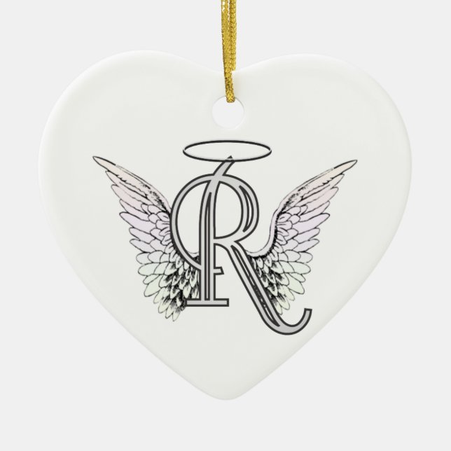 Letter R Initial Monogram with Angel Wings & Halo Ceramic Ornament (Front)