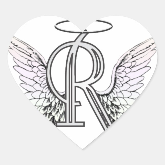 Letter R Initial Monogram with Angel Wings & Halo Heart Sticker (Front)