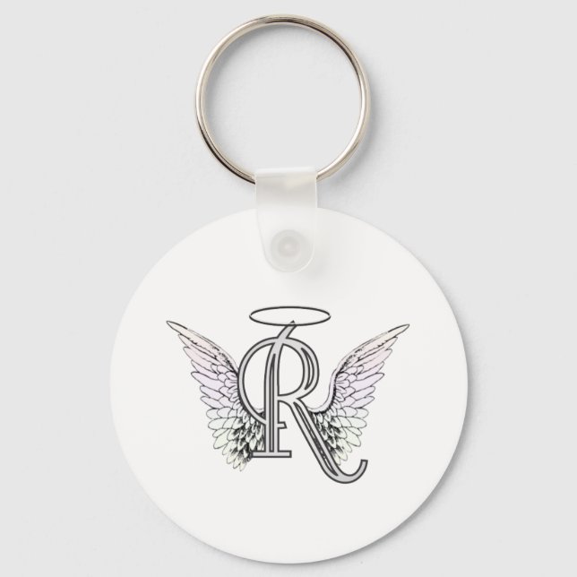 Letter R Initial Monogram with Angel Wings & Halo Keychain (Front)
