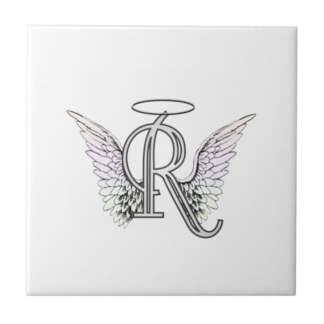 Letter R Initial Monogram with Angel Wings & Halo Tile (Front)
