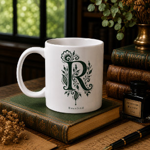 Letter R Linocut Botanical Personalized Mug